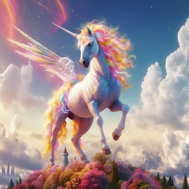 Фото Волшебный единорог, полный цветов и множества деталей, волшебная лошадь из сказки