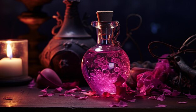 magical Valentines Day potion with ingredients like rose petals and stardust generated by ai