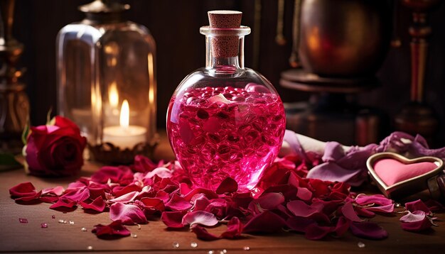 magical Valentines Day potion with ingredients like rose petals and stardust generated by ai