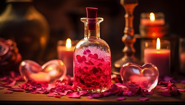 magical Valentines Day potion with ingredients like rose petals and stardust generated by ai