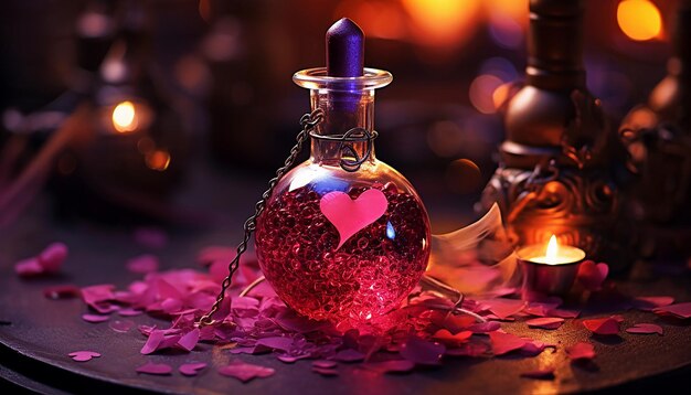 Foto pozione magica per il giorno di san valentino con ingredienti come petali di rosa e polvere stellare generata dall'ai