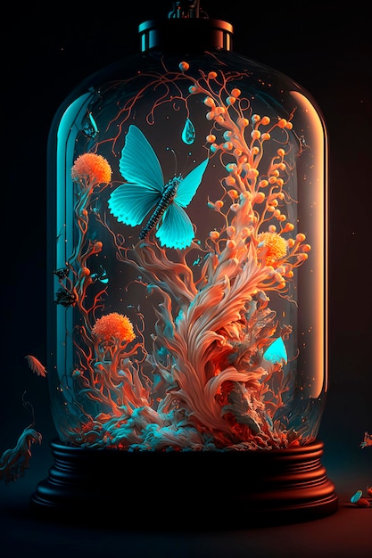 暗い背景に青い光る液体と花を持つ魔法の小瓶