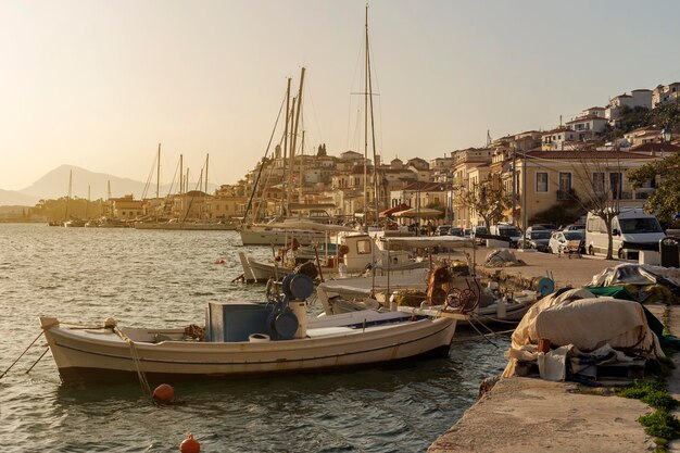 Magical view of the embankment and yachts of the island of Paros Greece in a spring sunny evening