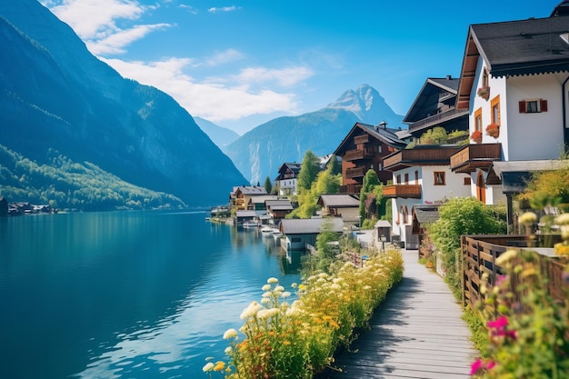 언덕 위의 마법의 마을 아름다운 그림 그림 생성 AI