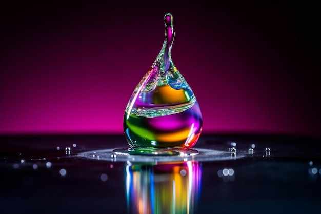 Magical water drop as colourful crystal falling on water level generative ai