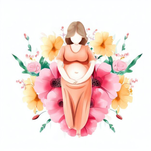 Magical Watercolor Illustration of Pregnant Woman amid a Tapestry of Blossoms Generated by AI