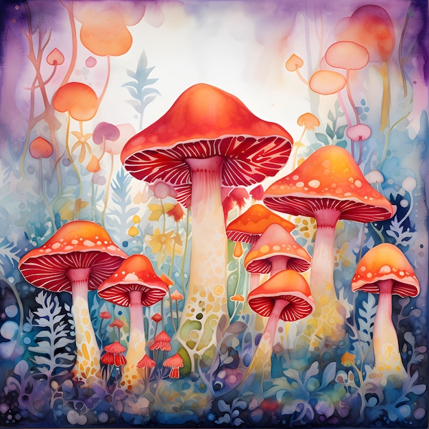 Magical watercolor mushroom wallpaper background ai generated