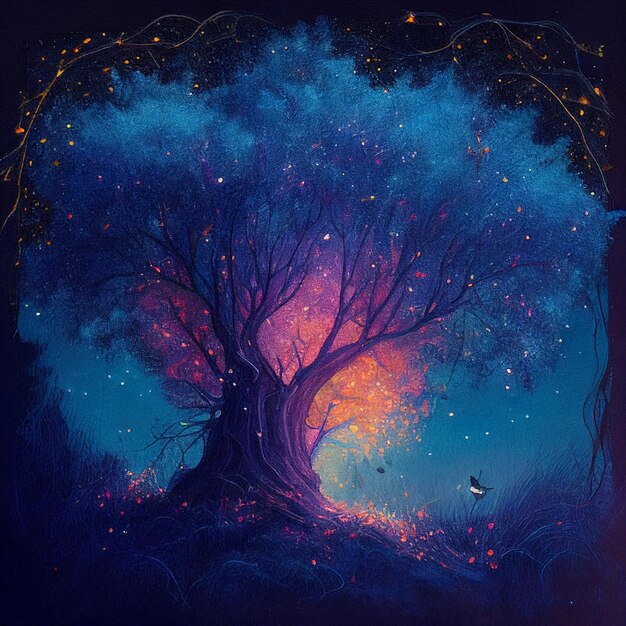 A magical watercolor painting of a mystical tree