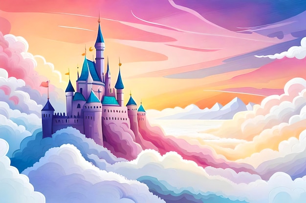 Magical watercolor vector background featuring a majestic castle perched on fluffy clouds