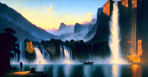 Волшебный водопад Джунгли лес иллюстрация речной ручей на пейзажном фоне Генеративный ИИ для детей книжные рассказы сказки