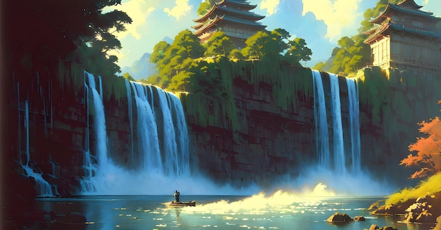 Волшебный водопад Джунгли лес иллюстрация речной ручей на пейзажном фоне Генеративный ИИ для настенных художественных картин холст картины обложки facebook