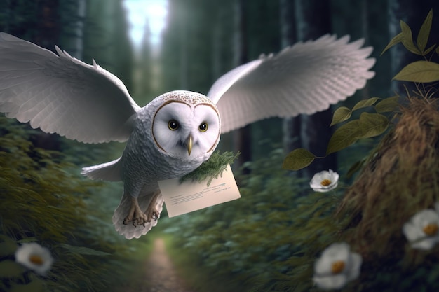 A magical white owl delivers a letter to a magical school AI generation