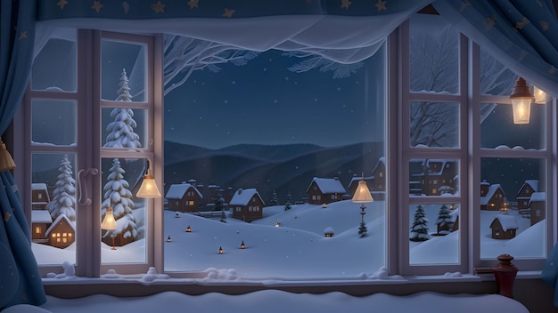 Снежный вид в гостиной волшебного зимнего вечера