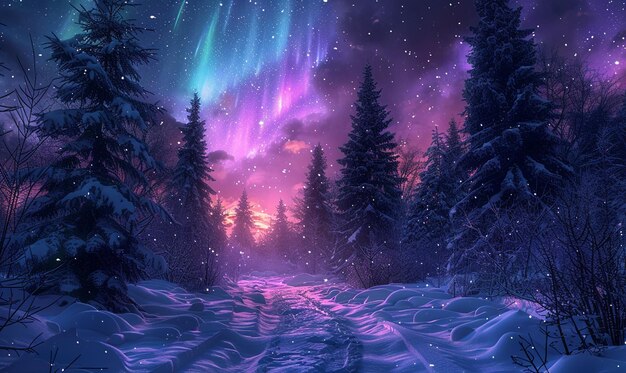 Волшебный зимний лес с ярким северным сиянием