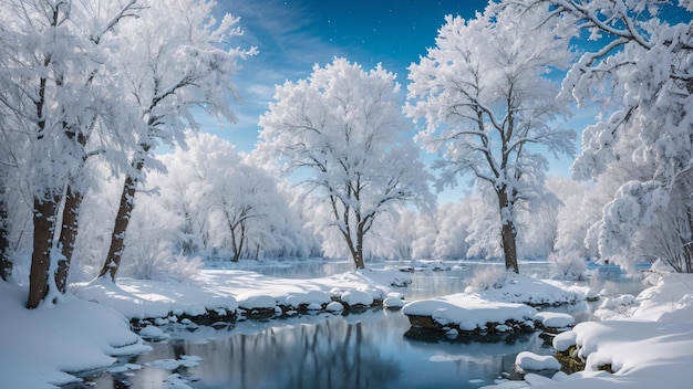 雪の結晶と氷で覆われた高山の木の森の中心にある魔法の冬の湖