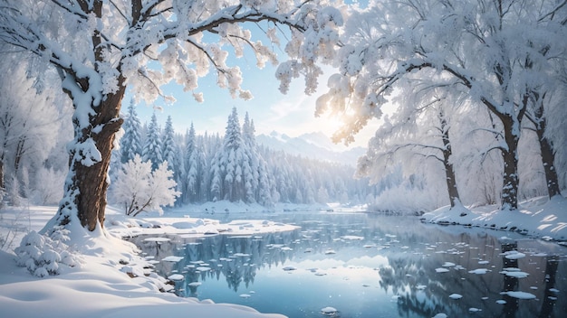 Magical winter lake in center of alpine tree forest covered by snow flake and ice