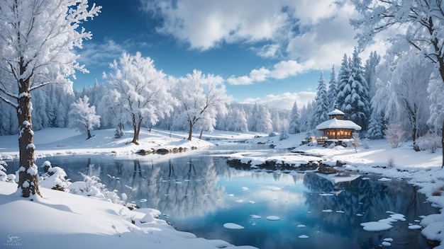 Magical winter lake in center of alpine tree forest covered by snow flake and ice