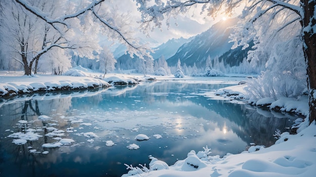 Magical winter lake in center of alpine tree forest covered by snow flake and ice