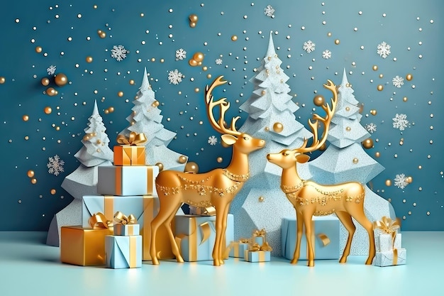 Magical winter scene deer family and gifts in snowy forest generative ai