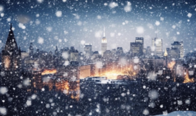 Magical winter snow fall and city lights blurred background city street with Christmas