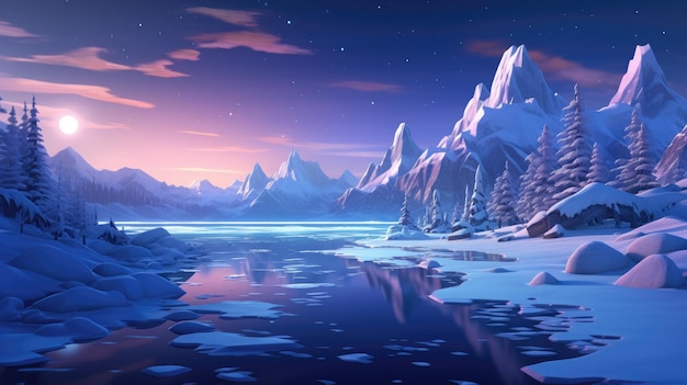 A magical winter wonderland with snowcovered mountains a frozen lake