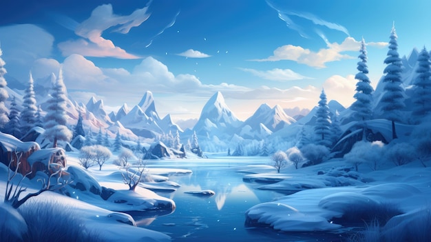 A magical winter wonderland with snowcovered mountains a frozen lake