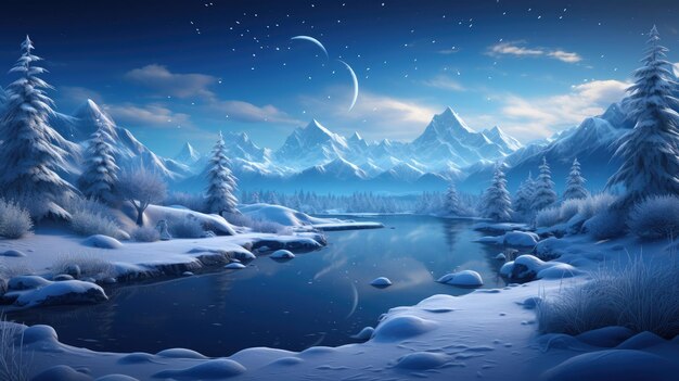 A magical winter wonderland with snowcovered mountains a frozen lake