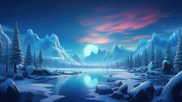 A magical winter wonderland with snowcovered mountains a frozen lake