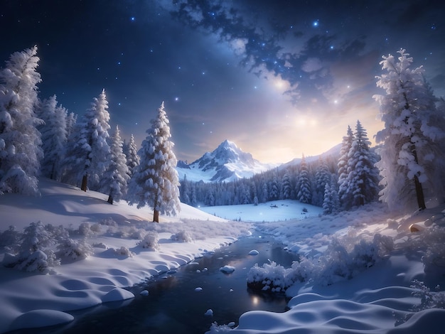 Premium Photo  A magical winter wonderland with snowcovered trees and a  sky full of stars