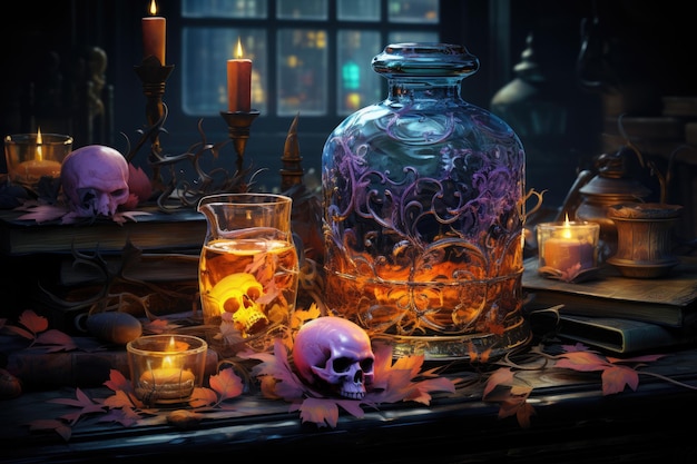 Magical witch workshop with glass poison bottle and candles for magic ritual on occasion of celebration of Halloween Human Skulls and autumn leaves