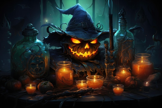 Magical witch workshop with pumpkin in hat glass poison bottle and candles for magic ritual on occasion of celebration of Halloween