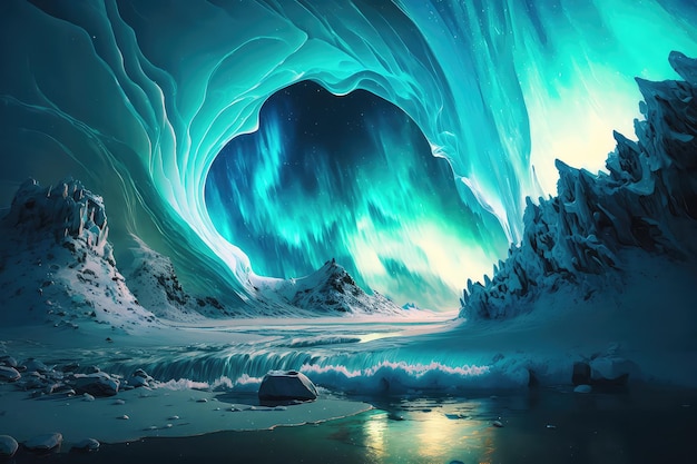 Magical world neon mountains northern lights Generative AI