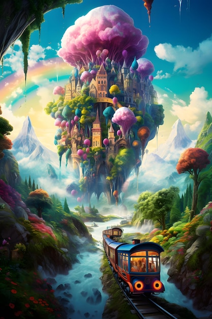 a magical world with train and mushroom