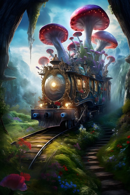 a magical world with train and mushroom