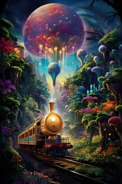 a magical world with train and mushroom