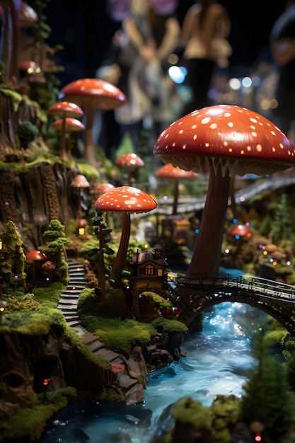 a magical world with train and mushroom