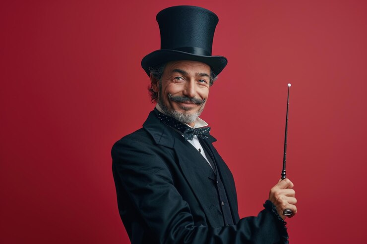 Photo magician in black suit holding wand against red backdrop