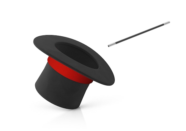 Magician hat Black cylinder hat with red ribbon and magic wand isolated on white background 3d