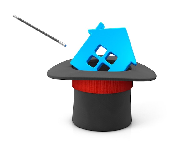 Magician hat and blue house isolated on white background 3d render