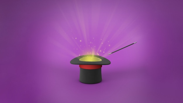 Foto cappello da mago. raggi di luce da un cappello a cilindro nero con un nastro rosso e una bacchetta magica. sfondo viola. rendering 3d.