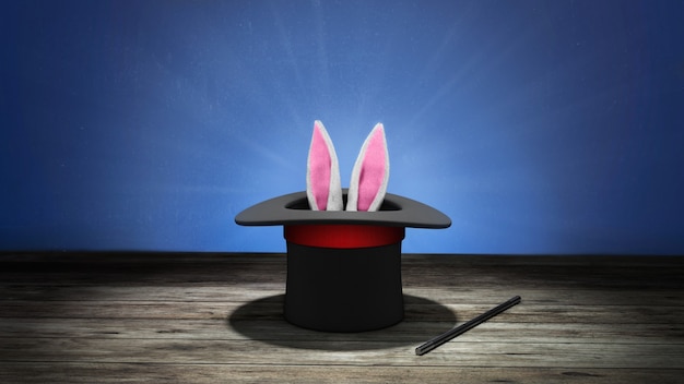 Magician hat. rabbit ears stick out with a black top hat with a\
red ribbon and a magic wand. blue background with wooden floor. 3d\
render.