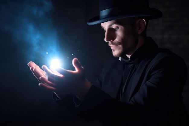 Magician or illusionist with magic wand on dark background Magic trick Generative AI