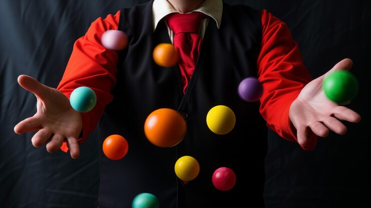 Photo magician juggling colorful balls in a dynamic display