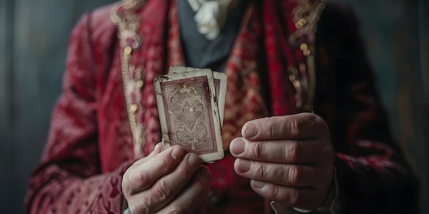 Magician show with playing cards On grey background