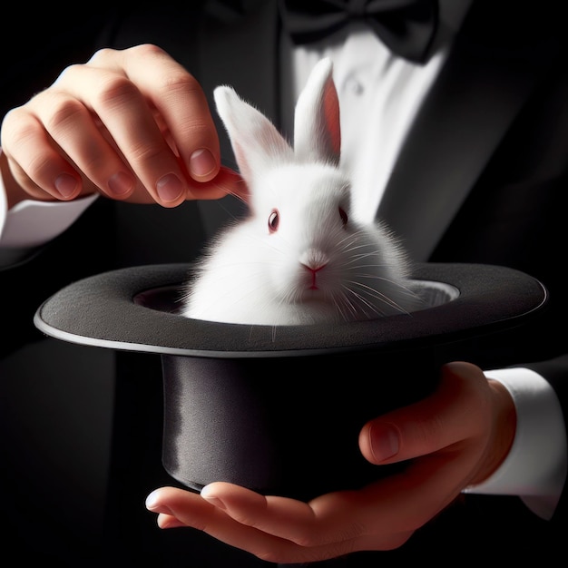 Photo a magician takes out a white surprised rabbit from a black hat on a black background