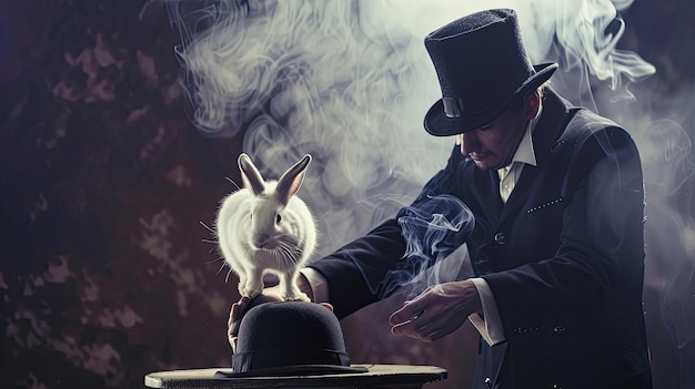 Magician turning an ordinary hat into a rabbit before the audience Sorcery magic trick cards tricks deception tuxedo top hat Hand skill and finger dexterity concept Generative by AI