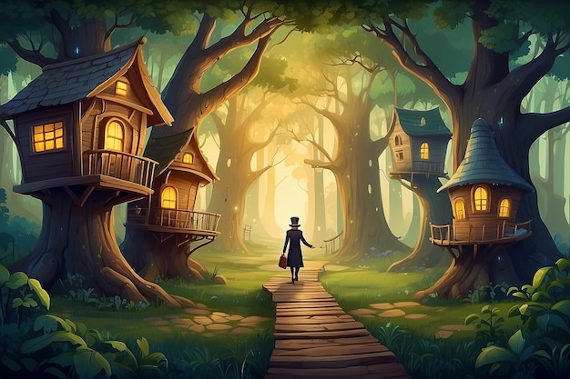magician walks between the magical tree houses illustretion