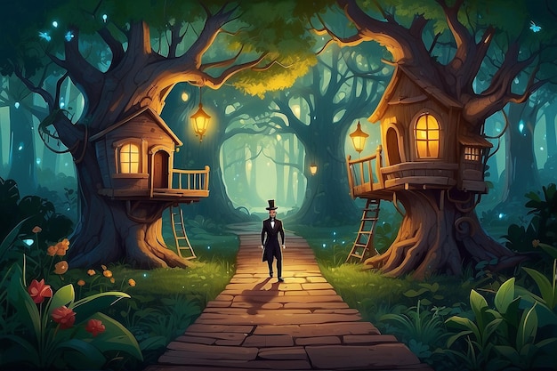 magician walks between the magical tree houses illustretion