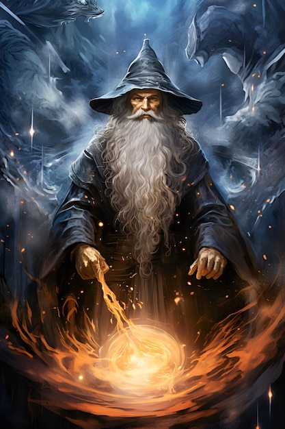 Волшебник с белой бородой на мистическом фоне