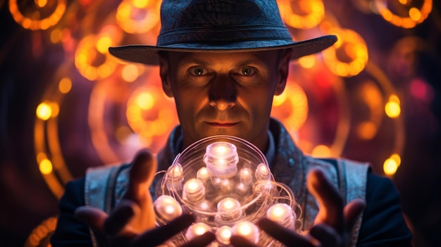 Magicians glowing orb halo mystical symbols captivating gaze